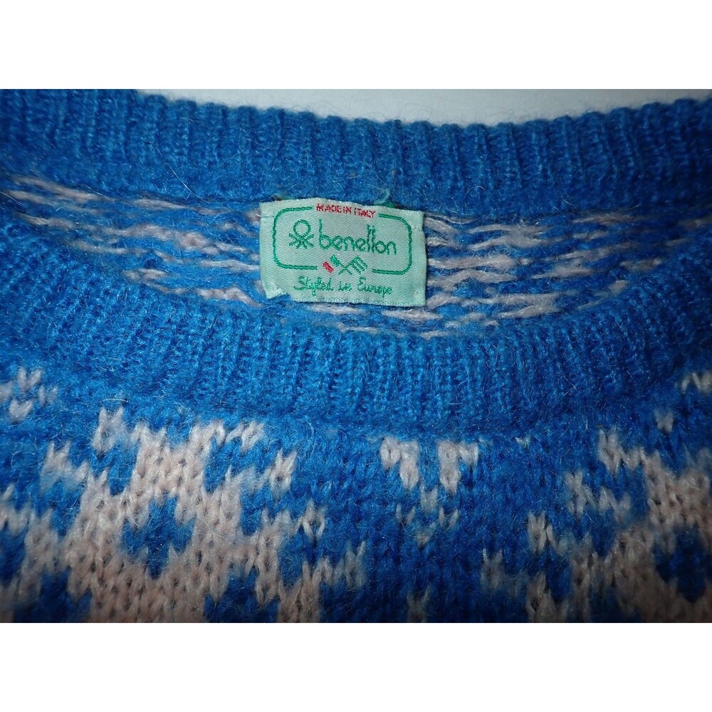 Vintage Benetton Sweater L Oversized Blue Pink Fair Isle Crewneck Knit Italy - Picture 4 of 5